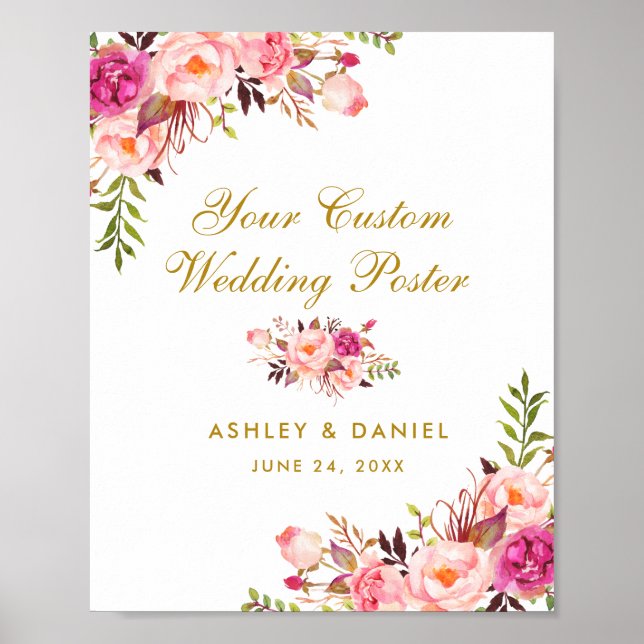 Poster Personalizado De Casamento Dourado Floral R (Frente)
