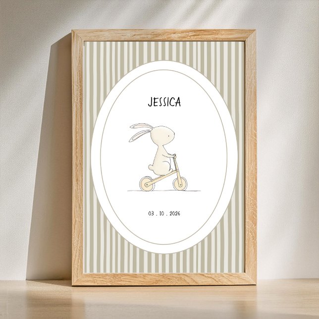 Pôster Personalizado de Nome e Data da Maternidade (Customize name and date newborn baby nursery poster with sage green stripes.)