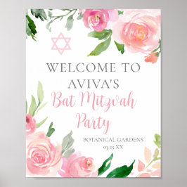 Poster Personalizado do Partido Bat Mitzvah Floral Rosa E
