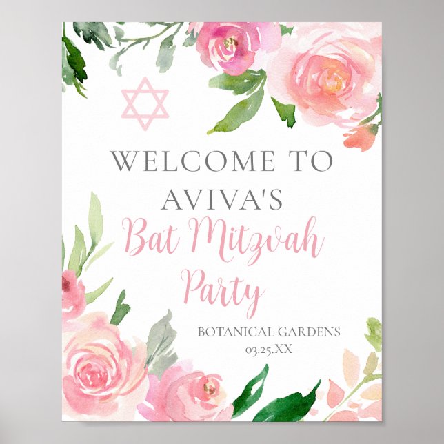 Poster Personalizado do Partido Bat Mitzvah Floral Rosa E (Frente)
