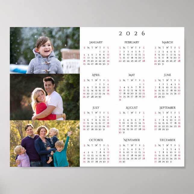 Poster Personalized 3 Photo Collage Family 2026 Calendar (Frente)