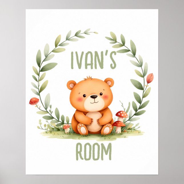 Poster Personalized Baby Bear Watercolor Woodland Nursery (Frente)