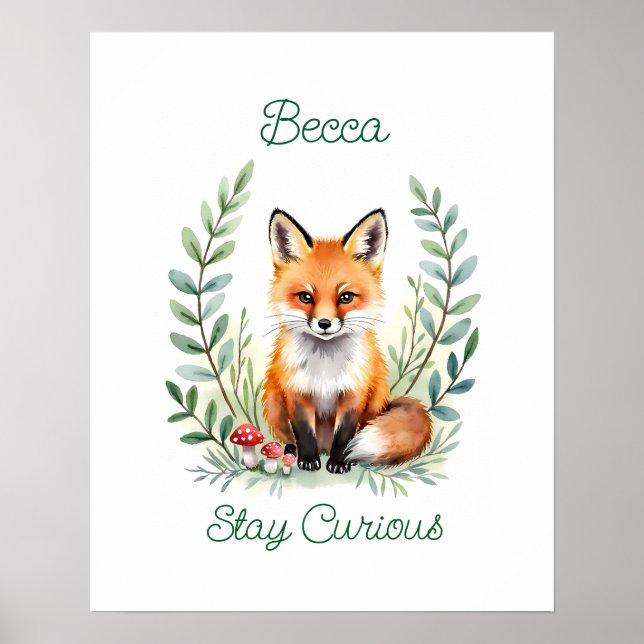 Poster Personalized Baby Fox Watercolor Woodland Nursery  (Frente)