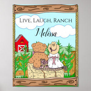 Poster Personalized Cute Cowgirl and Teddy Bear on Ranch
