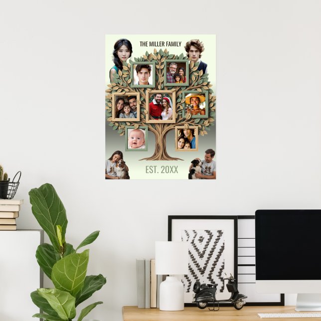 Poster Personalized Family Tree Photo Wall Scroll (Escritório em casa)