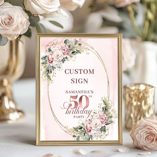 Poster Personalized Graceful Blush Greenery 50th Birthday (Personalized Graceful Blush Greenery 50th Birthday Sign)