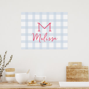Poster Personalized initial custom name baby blue tartan