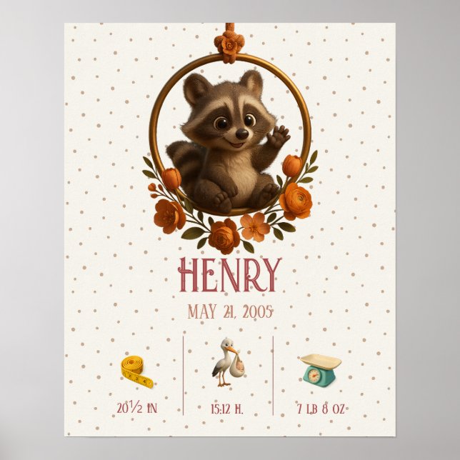 Poster Personalized Newborn Baby – Raccoon & Birth Stats (Frente)
