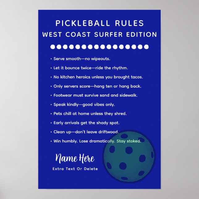 Poster Personalized Pickleball Rules West Coast Surfer (Frente)
