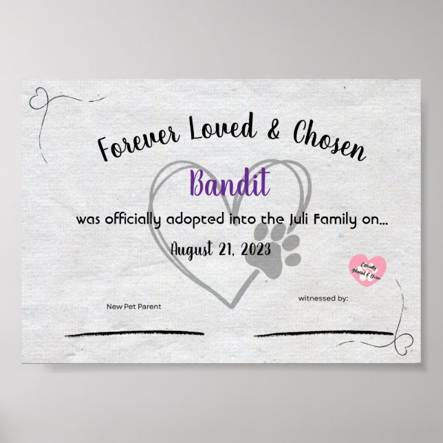 Poster Personalzied Pet Adoption Certificate  (Frente)
