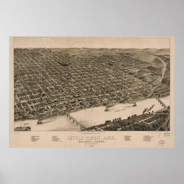 Pôster Perspective Map of Little Rock, Arkansas (1887) (Frente)