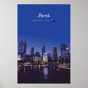 Poster Perth, Austrália - Silhueta da Cidade à Noite