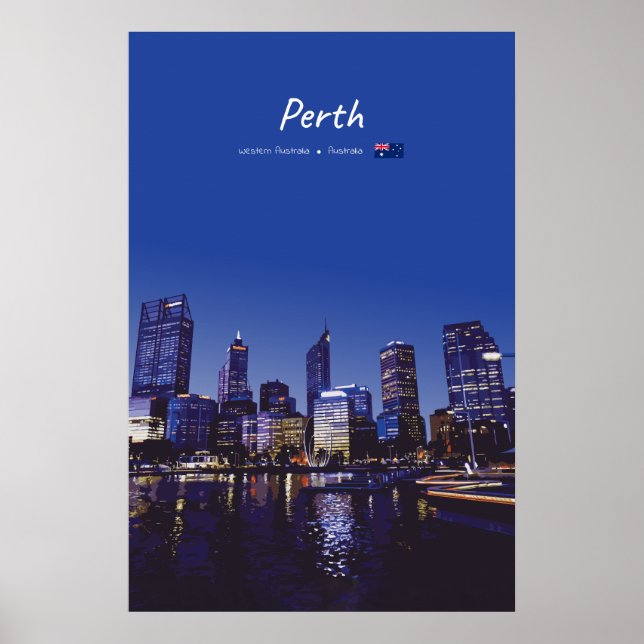 Poster Perth, Austrália - Silhueta da Cidade à Noite (Frente)