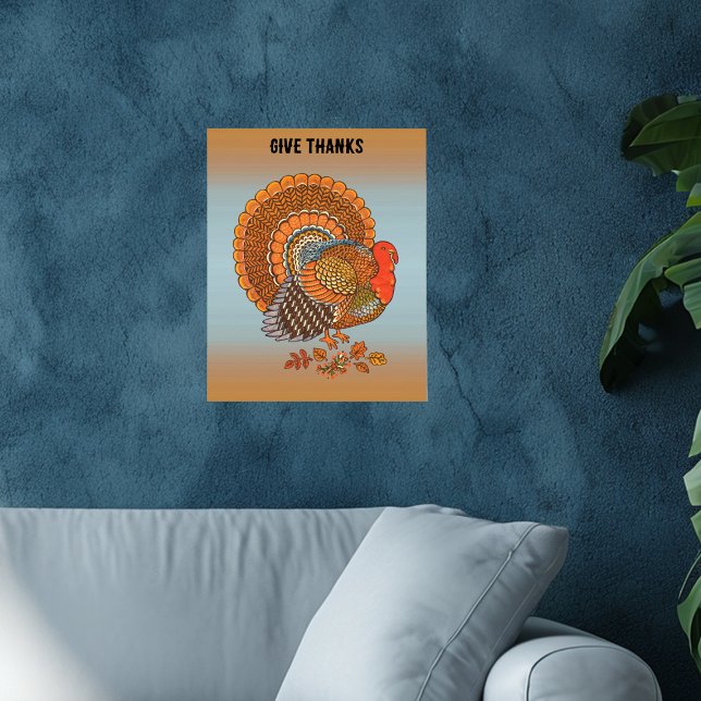 Poster Peru Grato Cores de Outono Cauda Espalhada Azul (Male turkey fanned tail orange brown feathers in leaves on give thanks wall poster for Thanksgiving.)