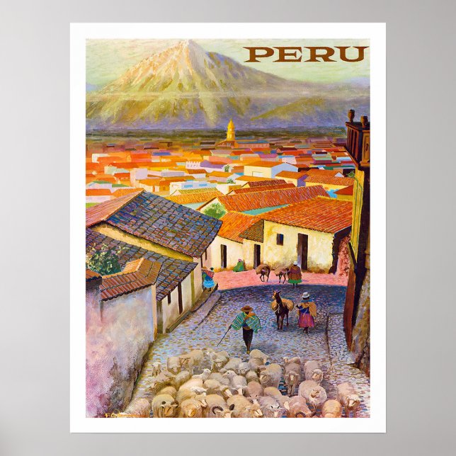 Poster Peru, telhados da cidade sob a montanha, vintage (Frente)