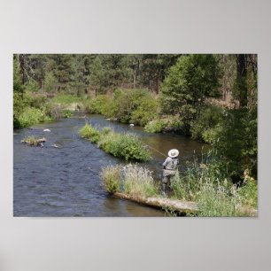 Poster Pesca com mosca da mulher no rio de Metolius,