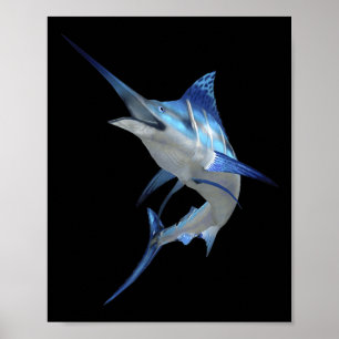 Poster Pesca de Marlin Azul Linda Camiseta Manga Curta 