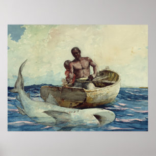 Poster Pesca De Tubarão Vintage Winslow Homer Watercolor