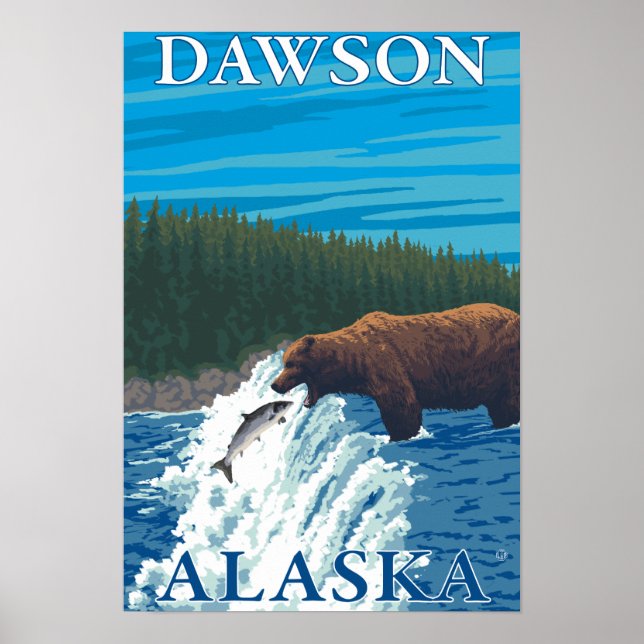 Poster Pesca do Urso no Rio Dawson, no Alasca (Frente)