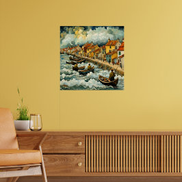 Poster Pescadores de barcos ao estilo Van Gogh, em Stormy