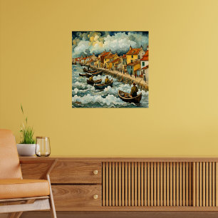 Poster Pescadores de barcos ao estilo Van Gogh, em Stormy