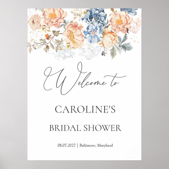 Poster Pêssego Floral - Sinal de Chá de panela Azul (Frente)