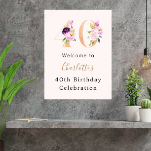 Poster Pêssego rosa floral número aniversário de 40 anos