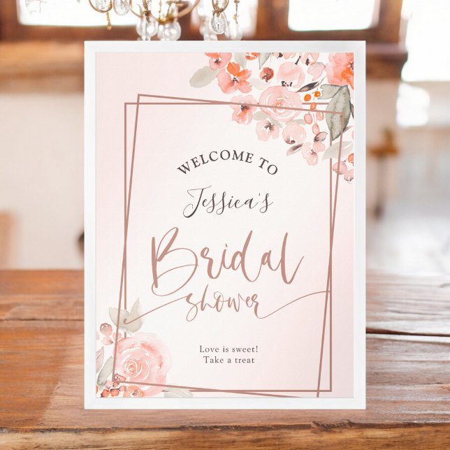Poster Pêssego rosa ouro floral chá de panela bem-vindo (Peach floral rose gold welcome bridal shower poster)