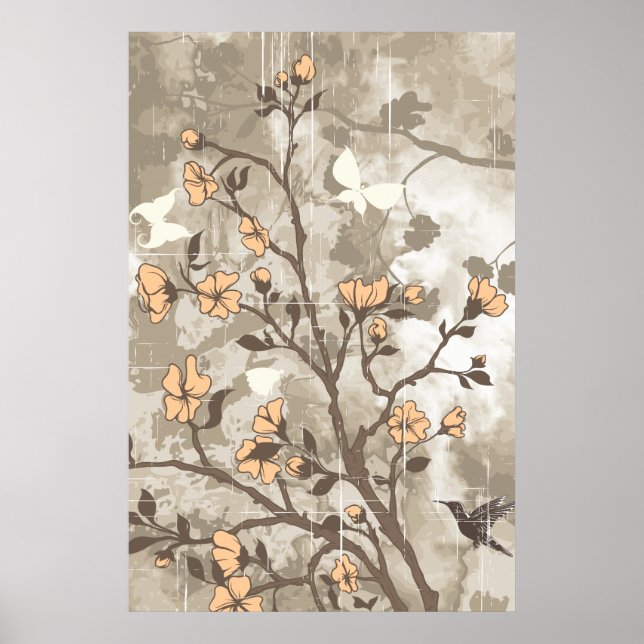 Pôster Pessegueira de flores em vindima, costume floral e (Frente)