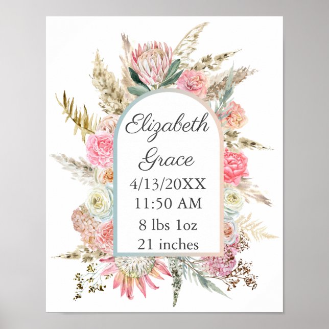 Poster Pessoal Floral Rosa Branco Estatísticas de Nascime (Frente)