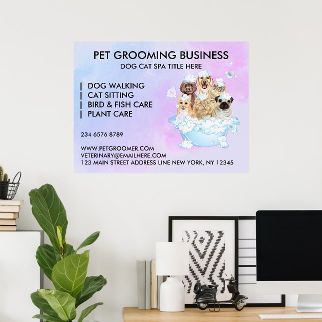Poster Pet Groomer Sitting Dog Cat Bath (Escritório em casa)