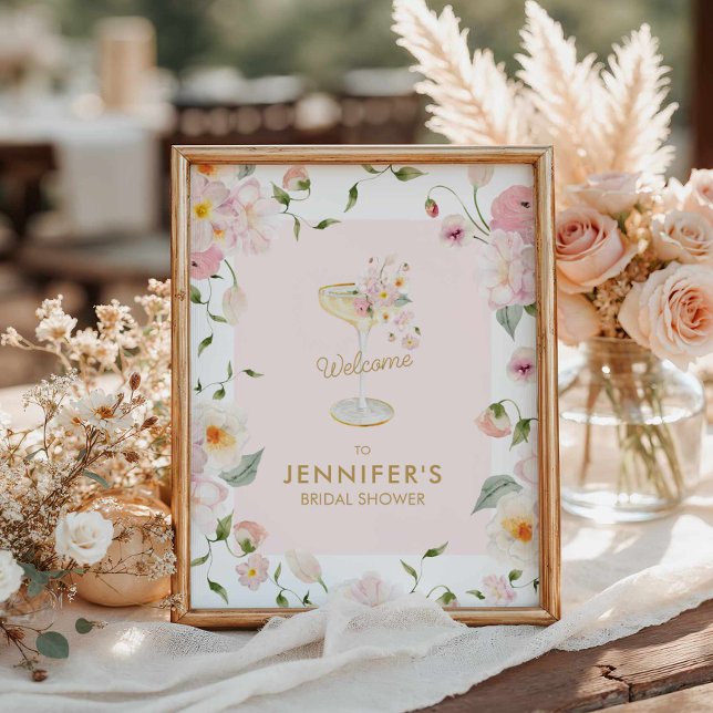 Poster Petais e Chá de panela Prosecco bem-vindo (Pink Petals and Prosecco Welcome Poster)