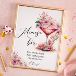 Poster Petais e Sinal de Bar Floral Mimosa Rosa Prosecco