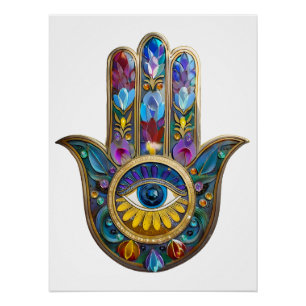 Pôster Pétalas Coloridas Folhas Hamsa Safira Terceiro Olh