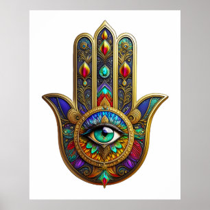 Poster Petalas de Flor de Cor de Pavão Hamsa Terceiro Olh