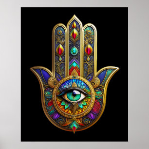 Poster Pétalas de Flor de Cor de Pavão Hamsa Terceiro Olh