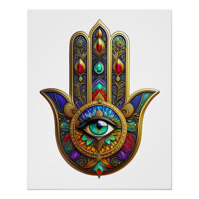 Pôster Pétalas de Flor de Cor Pavão Hamsa Terceiro Olho V (Frente)