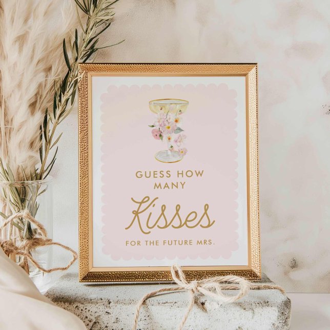 Poster Pétalas e Prosecco adivinham quantos jogos de beij (Petals and Prosecco and Guess how many kisses bridal shower game)