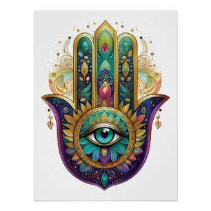 Pôster Pétalas Violeta Verde Dourado Hamsa Turquesa Terce