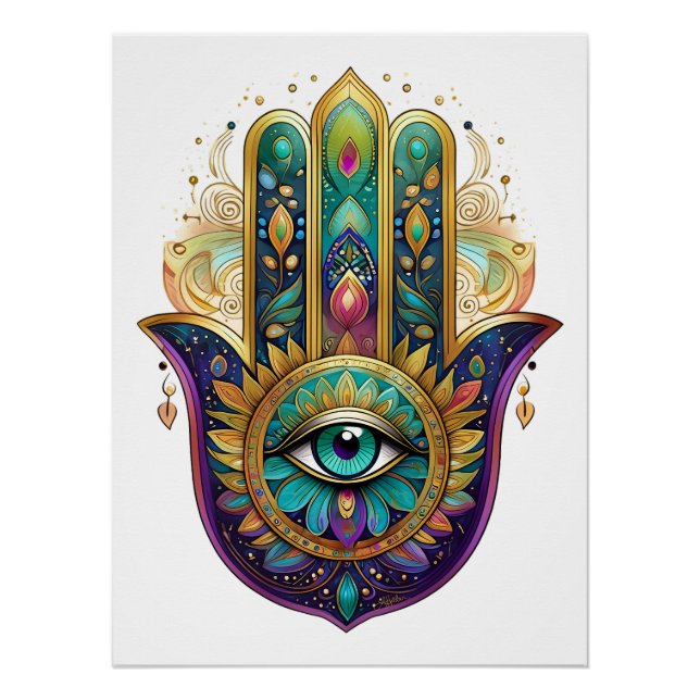 Pôster Pétalas Violeta Verde Dourado Hamsa Turquesa Terce (Frente)