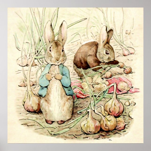 Poster Peter e Benjamin reúnem cebolas por Beatrix Potter (Frente)