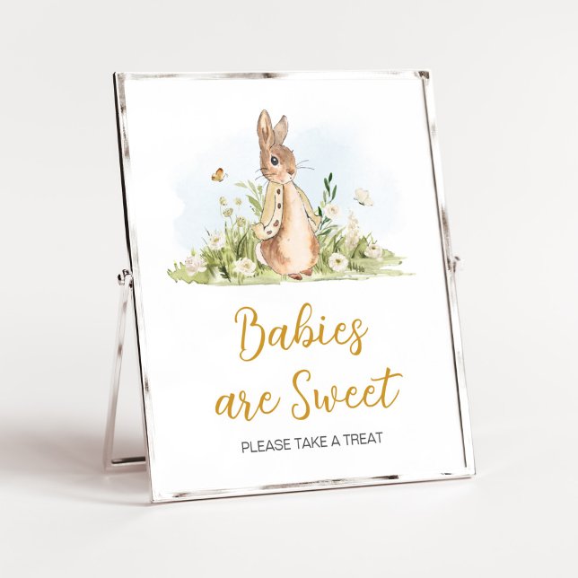 Poster Peter Rabbit Chá de fraldas Bebês são doces (Rabbit Gender Neutral Baby Shower Babies are Sweet Sign)