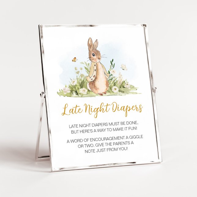 Poster Peter Rabbit Chá de fraldas Tarde Fraldas Noturnas (Rabbit Gender Neutral Baby Shower Late Night Diapers Sign)