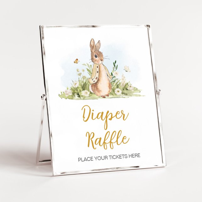 Poster Peter Rabbit Fralda Raffle (Rabbit Gender Neutral Baby Shower Diaper Raffle Sign)