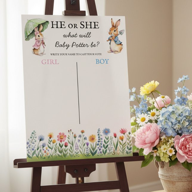 Poster Peter Rabbit He or She Gender Reveal Voting Game (Peter Rabbit storybook themed gender reveal voting poster game.)
