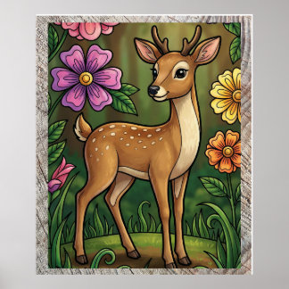 Poster Petit Faon Mignon dans un Jardin de Fleurs Colorée