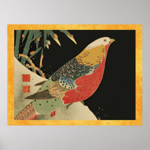 Pôster Pheasant in the Snow Vintage Japonês Bird Woodcut