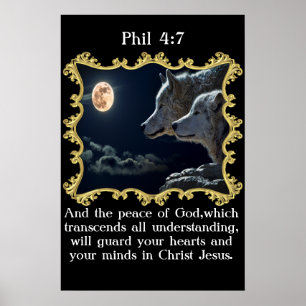 Pôster Phil 4:7 Lobos a olhar para a lua de cheio.