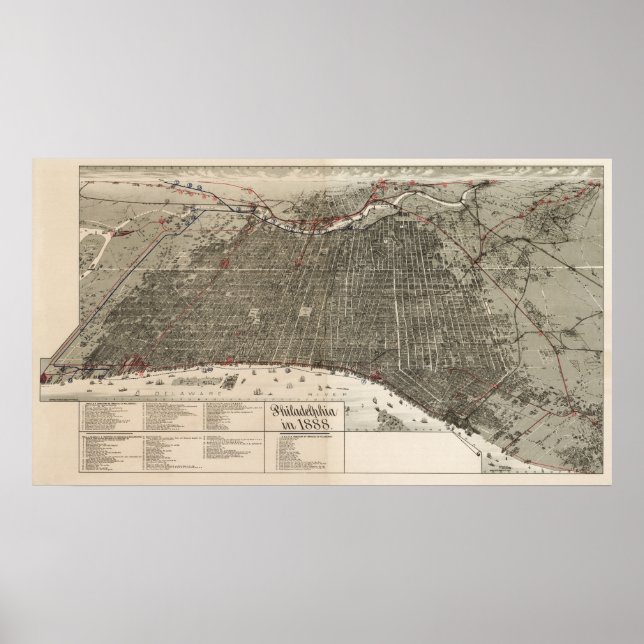 Pôster Philadelphia birdseye map - 1887 (McFetridge) Big (Frente)