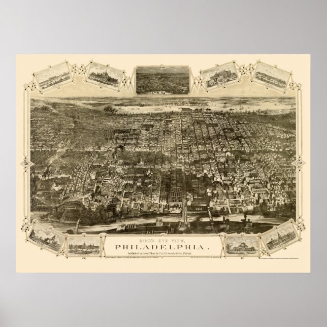Pôster Philadelphia, PA Panorâmica Map - 1876 (Frente)